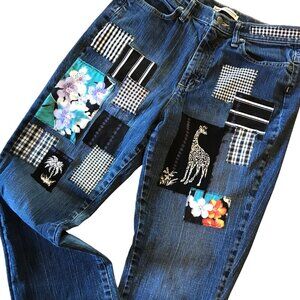 Boho Hippie Patch Jeans, Size 8 Long: Upcycled, Tropical Patchwork, Giraffes